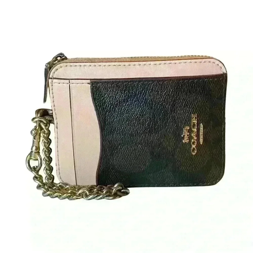 COACH Signature Zip Card Case in Mahogany/Shell Pink 3”X4”